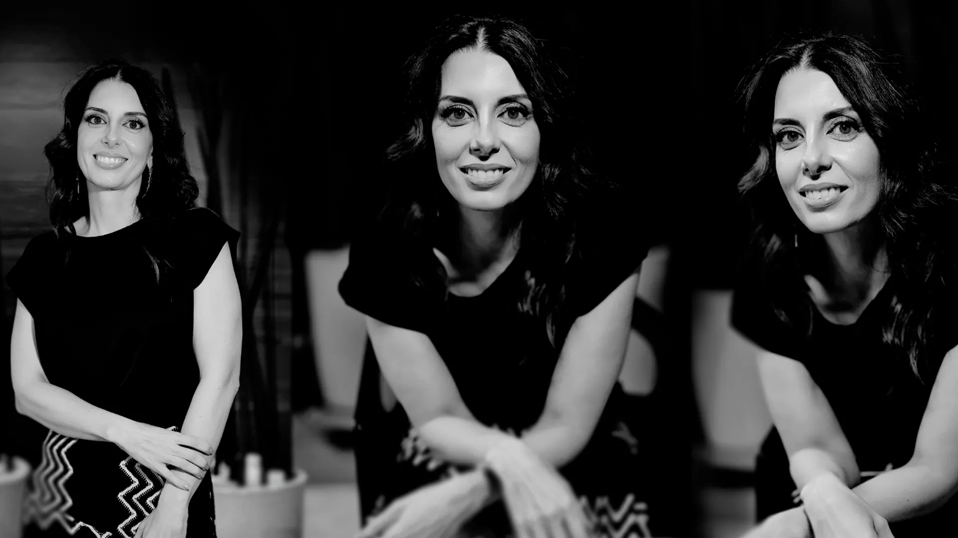 Três retratos em preto e branco da Dra. Adriana Cassaro
